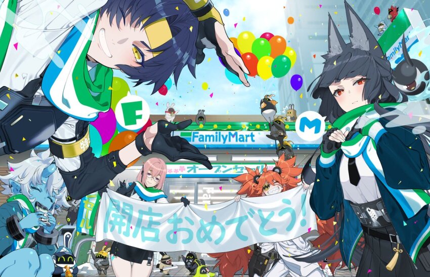 1boy 4girls amillion_(zenless_zone_zero) animal_ears armor asaba_harumasa bagboo_(zenless_zone_zero) balloon bangboo_(zenless_zone_zero) bear_ears black_gloves black_hair blue_skin building butler_(zenless_zone_zero) closed_eyes closed_mouth colored_skin convenience_store day devilboo_(zenless_zone_zero) eating eous_(zenless_zone_zero) exploreboo_(zenless_zone_zero) eyepatch fake_animal_ears familymart food fox_ears glasses gloves grin hair_between_eyes headband holding holding_food horns hoshimi_miyabi koleda_belobog luckyboo_(zenless_zone_zero) multiple_girls one_eye_closed outdoors pink_eyes pink_hair pointy_ears red_eyes red_hair safety_(zenless_zone_zero) scarf sharkboo_(zenless_zone_zero) shirt shop smile soukaku_(zenless_zone_zero) suzuki_jirou tassel tsukishiro_yanagi white_shirt yellow_eyes yellow_headband zenless_zone_zero