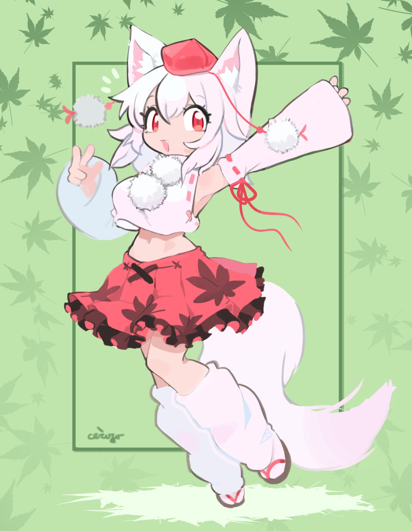 1girl :d animal_ear_fluff animal_ears arm_up armpits artist_name bare_shoulders breasts ceroro crop_top full_body green_background highres inubashiri_momiji leg_warmers looking_at_viewer medium_breasts navel open_mouth pom_pom_(clothes) red_eyes red_skirt sandals shirt short_hair skirt smile socks solo tail touhou white_hair white_shirt white_sleeves white_socks wolf_ears wolf_girl wolf_tail zouri