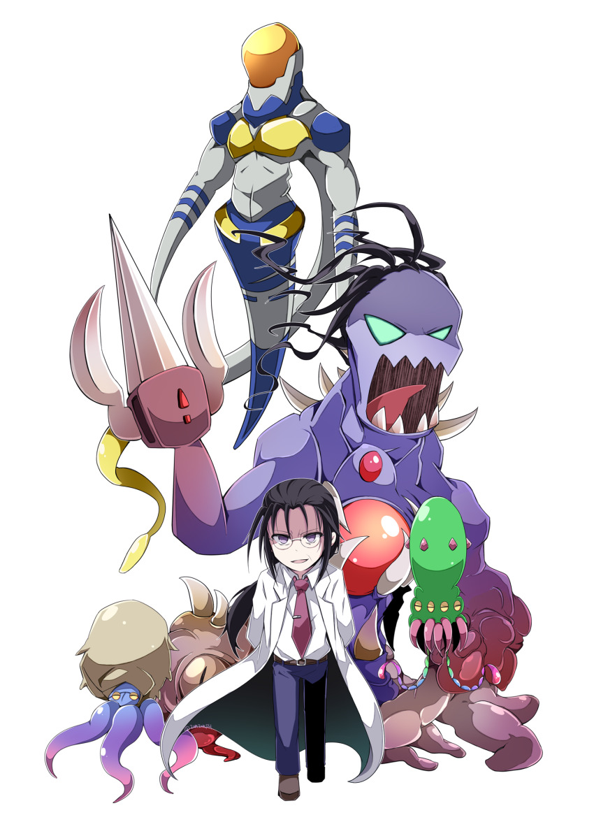 1boy arms_behind_back black_hair blue_pants chibi collared_shirt final_fantasy final_fantasy_vii glasses green_eyes highres jacket lab_coat long_hair low_ponytail male_focus monster nanao_(zonzonsh) necktie pants parted_lips ponytail professor_houjou red_necktie sharp_teeth shirt smile teeth tentacles tie_clip white_background white_jacket white_shirt