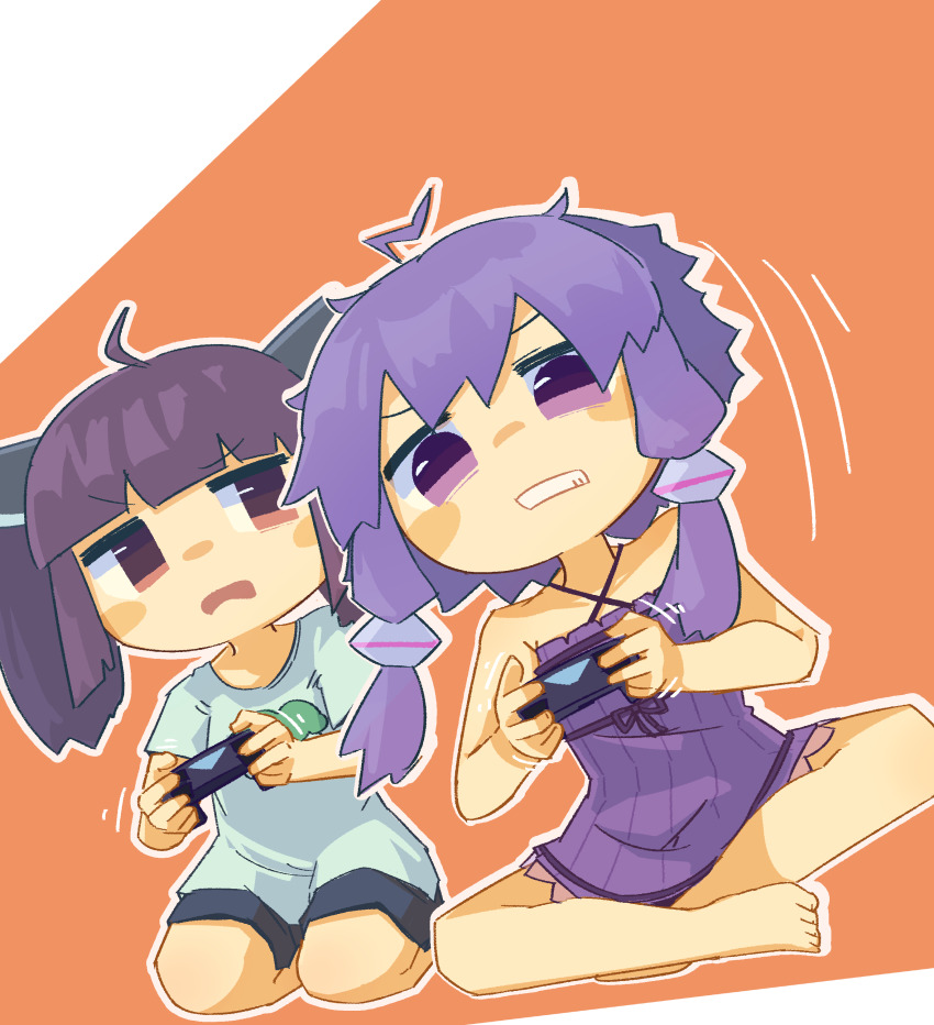 2girls absurdres ahoge alternate_costume bare_legs bare_shoulders barefoot black_shorts blue_shirt blunt_bangs blush_stickers brown_hair casual clenched_teeth controller criss-cross_halter dress dualshock empire_waist frown full_body game_controller gamepad halter_dress halterneck headgear highres holding holding_controller holding_game_controller indian_style konohoshi leaning_to_the_side long_hair looking_at_another medium_hair multiple_girls no_jacket open_mouth outline playing_games playstation_controller purple_dress purple_hair red_eyes ribbed_dress seiza shirt short_dress short_hair_with_long_locks shorts side-by-side sidelocks simple_background sitting sleeveless sleeveless_dress t-shirt teeth touhoku_kiritan twintails v-shaped_eyebrows vocaloid voiceroid white_outline yuzuki_yukari