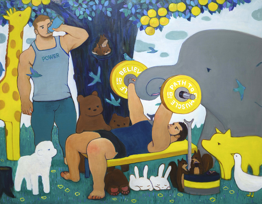 2boys acrylic_paint_(medium) bara barbell beard bird brown_hair bulge duck elephant exercising facial_hair from_side full_beard full_body giraffe grass large_pectorals male_focus medium_sideburns multiple_boys muscular muscular_male original outdoors painting_(medium) pants pectorals pig rabbit sheep short_hair sidepec squirrel standing tank_top thick_eyebrows torajiro_art traditional_media tree weightlifting weightlifting_spotter yoga_pants