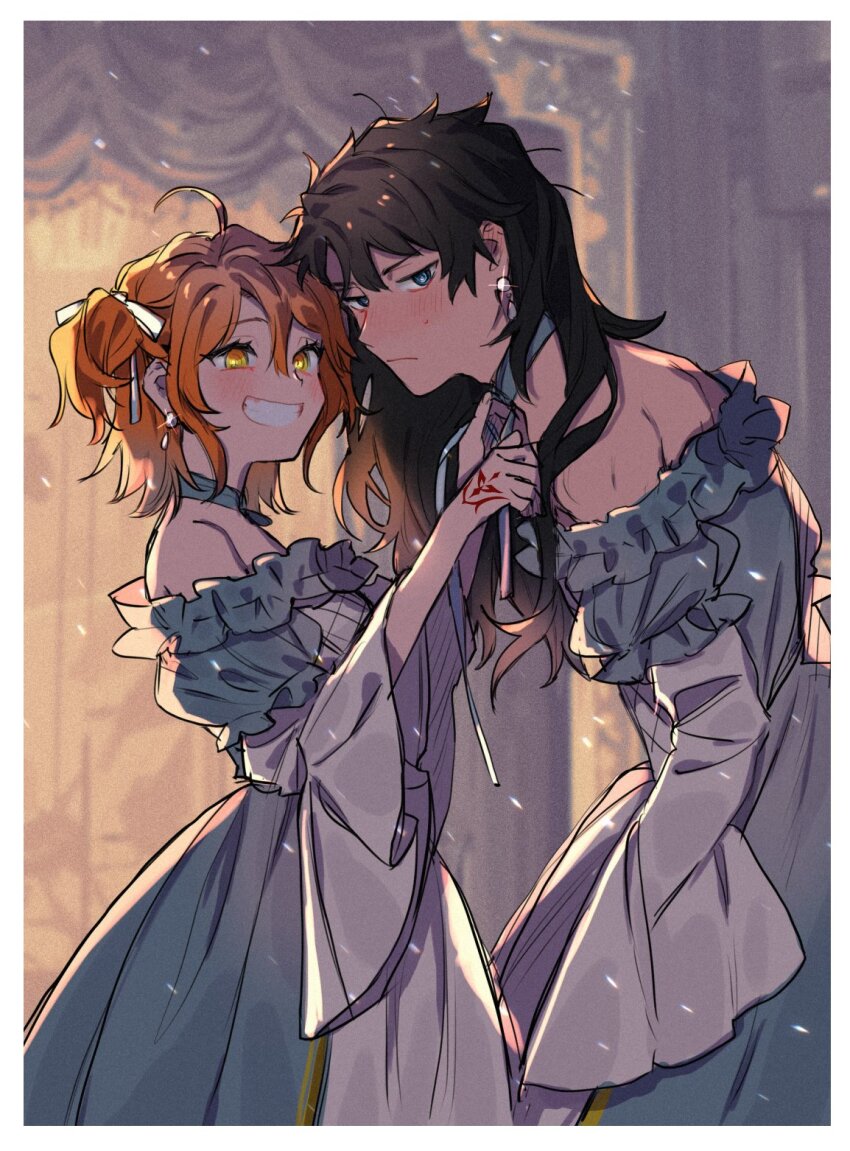 1boy 1girl ahoge black_hair blue_eyes blush command_spell crossdressing crossdressing_(mtf) dress earrings fate/grand_order fate_(series) frilled_dress frills fujimaru_ritsuka_(female) fujimaru_ritsuka_(male) gown grin hair_ribbon highres jewelry long_hair official_alternate_costume one_side_up orange_eyes orange_hair ribbon smile sweat wani_(mezo)