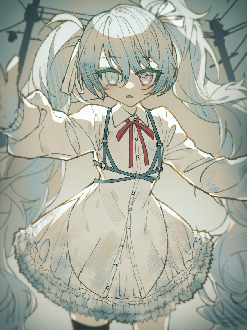 1girl 25-ji_miku 3pel1 absurdres blue_eyes blush collared_dress d: dot_nose dress frilled_dress frills hatsune_miku heterochromia highres long_hair long_sleeves looking_at_viewer messy_hair open_mouth pink_eyes project_sekai sleeves_past_wrists solo twintails utility_pole very_long_hair vocaloid white_dress white_hair wire