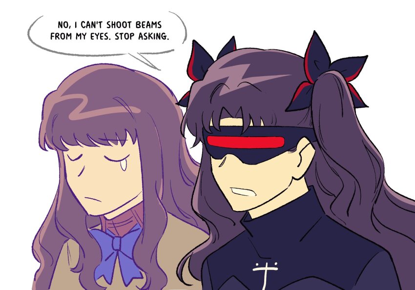 2girls black_hair black_ribbon black_sweater blue_bow blue_bowtie bow bowtie brown_hair brown_jacket closed_eyes covered_eyes cross cross_print english_text fate/extra fate/extra_record fate_(series) hair_ribbon head-mounted_display highres homurabara_academy_school_uniform jacket kishinami_hakuno_(female) multiple_girls official_alternate_costume ribbon school_uniform simple_background speech_bubble sweater tearing_up tohsaka_rin tohsaka_rin_(fate/extra) turtleneck turtleneck_sweater two_side_up vincent-san wavy_hair white_background