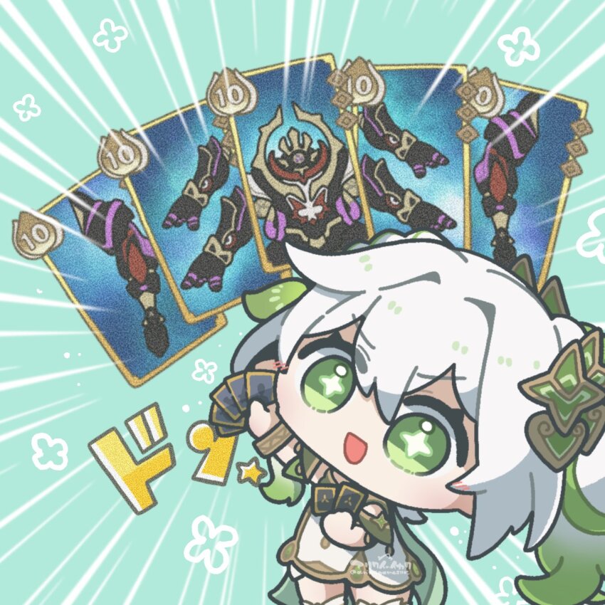 1girl arikuigames1105 arm_up armlet bracelet bright_pupils cape card chibi colored_tips commentary_request cross-shaped_pupils detached_sleeves dress emphasis_lines exodia_the_forbidden_one genius_invokation_tcg genshin_impact gold gold_trim gradient_hair green_background green_cape green_eyes green_hair green_sleeves hair_between_eyes hair_ornament hand_up highres holding holding_card jewelry leaf leaf_hair_ornament light_blush light_frown long_hair looking_at_viewer mecha mechanical_arms mechanical_head mechanical_legs multicolored_hair nahida_(genshin_impact) open_mouth parody robot scaramouche_(genshin_impact) scaramouche_(shouki_no_kami)_(genshin_impact) side_ponytail sidelocks socks solo symbol-shaped_pupils tareme twitter_username white_dress white_hair white_pupils white_socks yu-gi-oh!