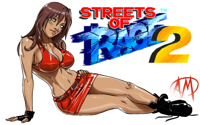 1girl bandaid bandaid_on_knee bandaid_on_leg belt blaze_fielding blue_eyes boots breasts brown_hair cleavage combat_boots copyright_name dark-skinned_female dark_skin female_focus fingerless_gloves full_body ganassa gloves large_breasts legs lips long_hair lying miniskirt no_legwear on_side sega shiny_clothes skirt smile solo streets_of_rage streets_of_rage_2 tan toned toned_female