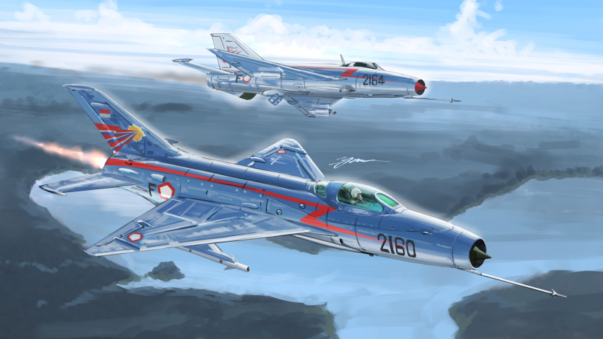 1other absurdres afterburner air-to-air_missile aircraft airplane blue_sky canopy_(aircraft) cloud cockpit commentary_request day fighter_jet flight_suit helmet highres indonesian_air_force indonesian_flag k-13_vympel kudryavka_trop mig-21 military military_vehicle missile missile_pod original outdoors oxygen_mask pilot pilot_helmet roundel signature sky smoke vehicle_focus water