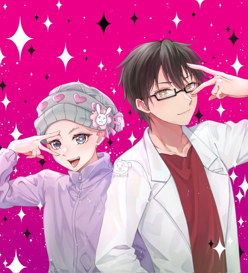 1boy 1girl amamiya_gorou bald beanie black_hair brown_eyes collared_jacket doctor glasses hat hat_ornament highres ibispaint_(medium) jacket lab_coat open_mouth oshi_no_ko pose_imitation purple_jacket rabbit_ornament semi-rimless_eyewear sen_(senmzr8) short_hair star-shaped_pupils star_(symbol) symbol-shaped_pupils teeth tendouji_sarina twitter_username v