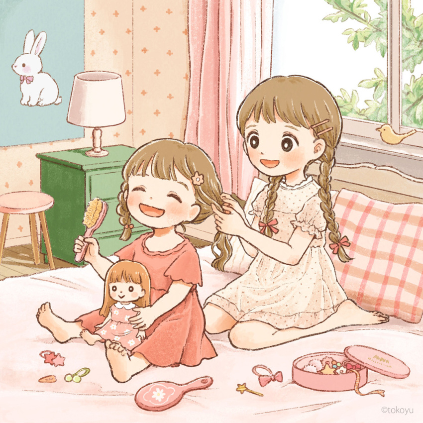 3girls :d adjusting_another&#039;s_hair animal barefoot bed bedroom bird braid brown_hair brushing_hair chest_of_drawers child collar comb curtains day doll dress floral_print frilled_dress frills hair_bobbles hair_brush hair_ornament hairclip hairpin hand_mirror happy holding holding_comb holding_doll holding_hair_brush indoors lamp lampshade long_hair looking_at_another medium_hair mirror multiple_girls multiple_hairpins on_bed open_mouth original pillow pink_dress pink_ribbon plant puffy_short_sleeves puffy_sleeves rabbit red_dress ribbon short_sleeves siblings single_braid sisters sitting slice_of_life smile star_(symbol) star_hair_ornament stool tokoyu twin_braids twintails two-tone_dress unworn_hair_ornament unworn_hairclip wallpaper_(object) wariza white_collar window wooden_stool