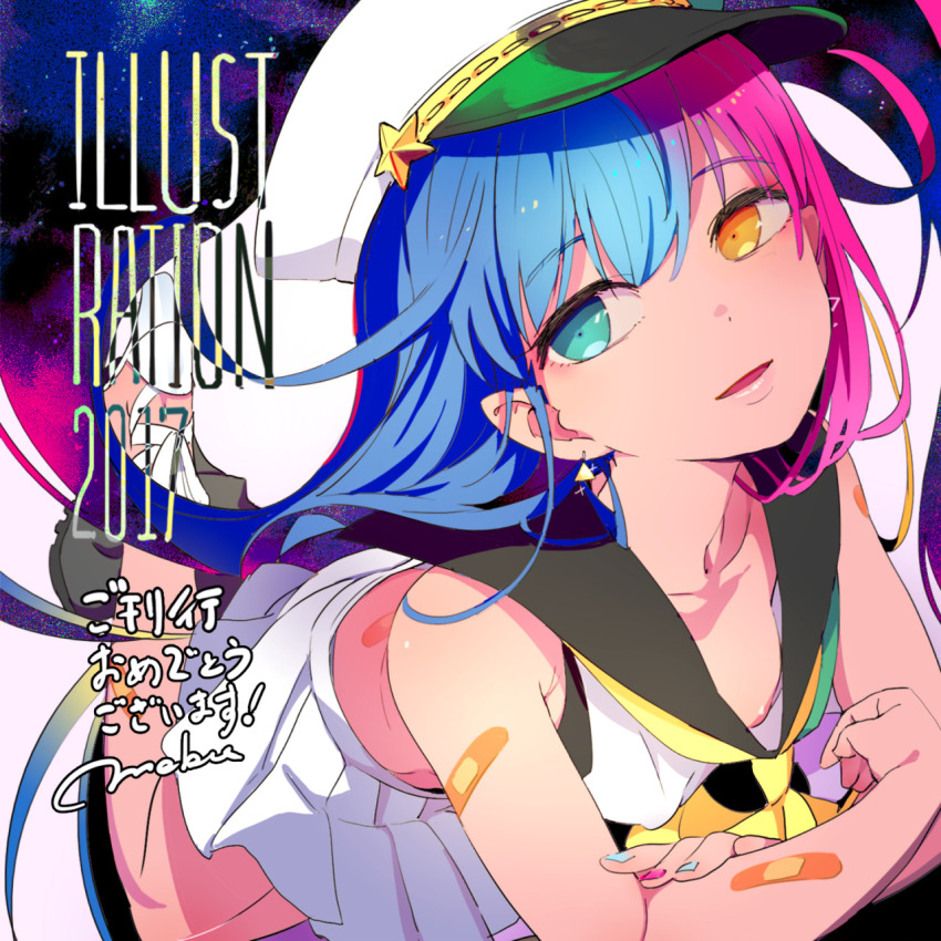 1girl 2017 aqua_eyes aqua_nails asymmetrical_footwear bandaid bandaid_on_arm bandaid_on_stomach black_boots black_sailor_collar blue_hair boots crop_top earrings gradient_hair hat high_heels highres illustration.media jewelry mebae midriff multicolored_hair nail_polish neckerchief orange_eyes original parted_lips pink_hair pink_nails pleated_skirt sailor_collar shirt skirt sleeveless sleeveless_shirt smile solo upper_body white_boots white_hat white_shirt white_skirt yellow_neckerchief