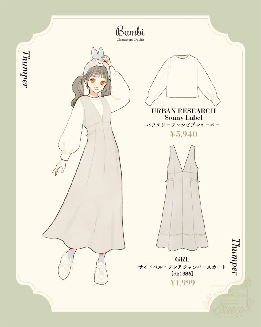 1girl animal_ears bambi_(movie) character_name copyright_name dress english_text full_body genderswap grey_hair hairband highres humanization looking_at_viewer meecosme red_eyes shirt smile thumper_(bambi) translation_request twintails