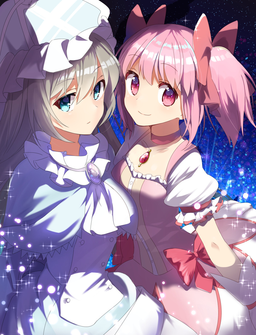 2girls absurdres amulet blue_eyes bow chabashira_(otya) dress hair_bow highres kaname_madoka long_hair looking_at_viewer magical_girl mahou_shoujo_madoka_magica mahou_shoujo_oriko_magica medium_hair mikuni_oriko multiple_girls pink_bow pink_eyes pink_hair short_sleeves short_twintails side-by-side twintails white_dress white_hair