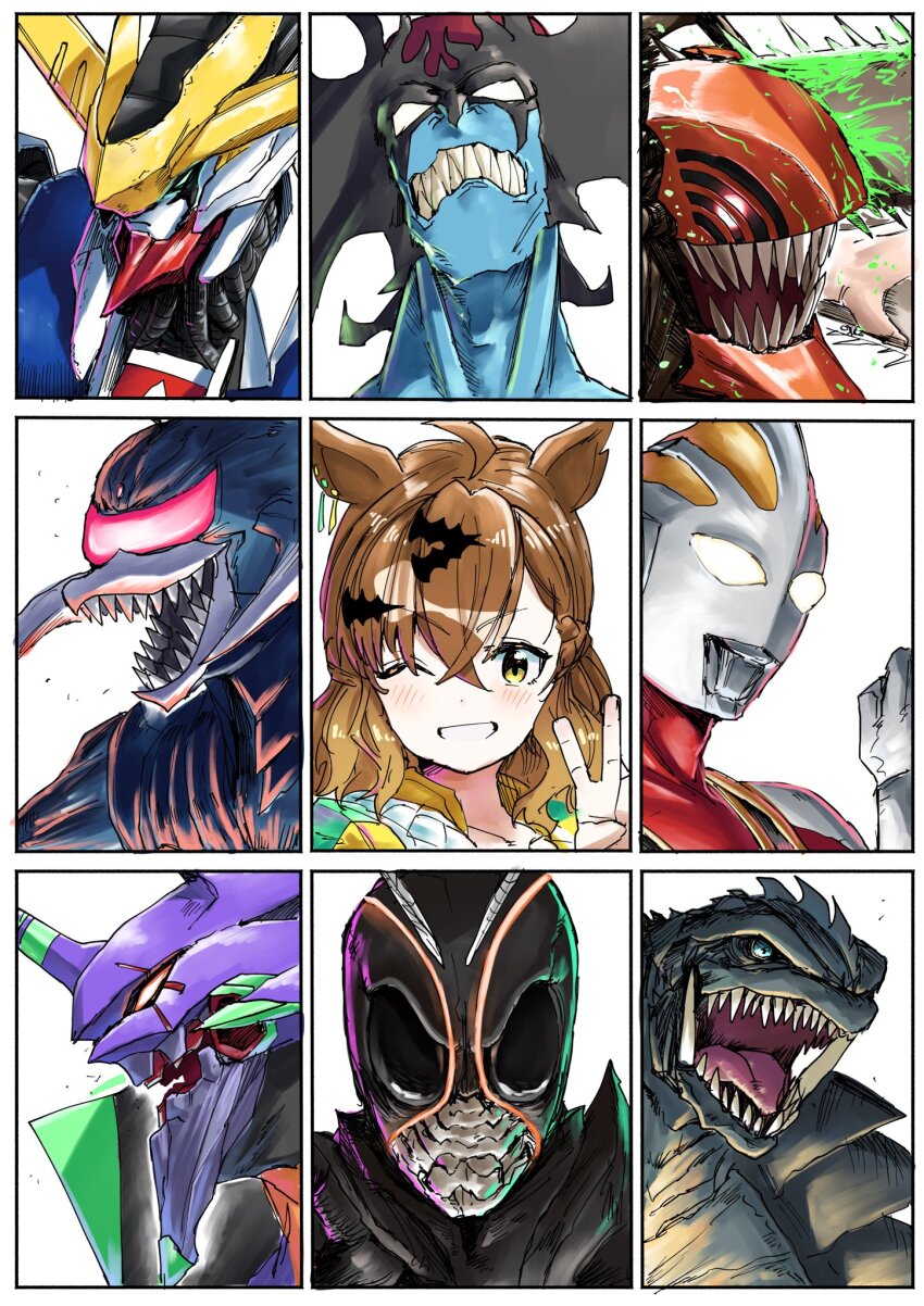 1girl 6+others ahoge amik0824 animal_ears brown_hair chainsaw_man clenched_hand clenched_teeth collarbone commentary daiei_film denji_(chainsaw_man) devilman devilman_(character) eva_01 gamera gamera_(series) gamera_3:_revenge_of_iris giant giant_monster gigan godzilla:_final_wars godzilla_(series) grin gundam gundam_barbatos gundam_tekketsu_no_orphans hair_between_eyes hair_ornament highres horse_ears jungle_pocket_(umamusume) kaiju kamen_rider kamen_rider_black_(series) kamen_rider_black_sun kamen_rider_black_sun_(series) long_hair looking_at_viewer multiple_others neon_genesis_evangelion one_eye_closed open_mouth portrait sharp_teeth smile teeth toho tokusatsu tsuburaya_productions turtle tusks ultra_series ultraman_gaia ultraman_gaia_(series) umamusume v white_background