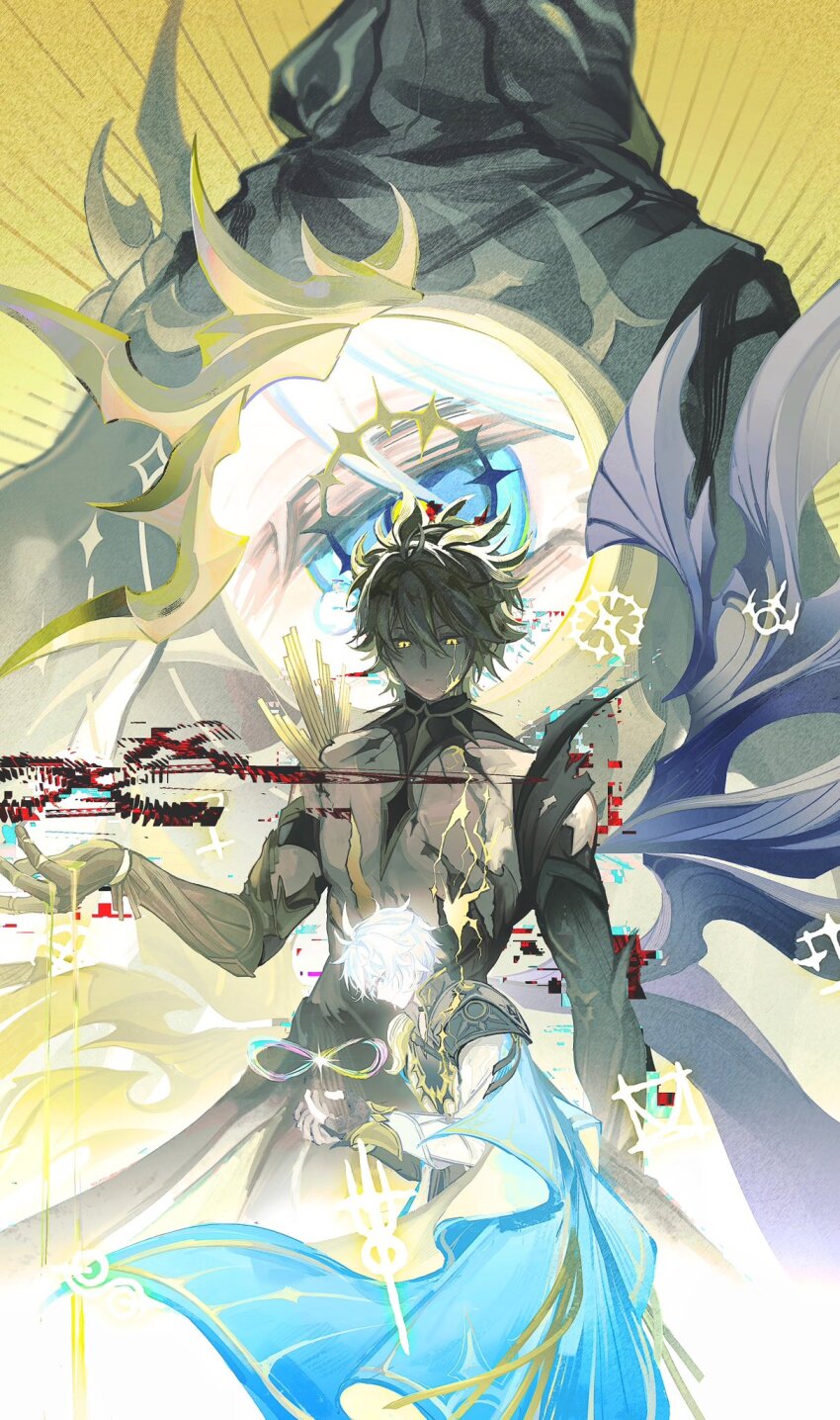 3boys alternate_form antenna_hair armor asymmetrical_wings black_choker black_cloak black_gloves black_shirt black_wings blonde_hair blue_cape blue_eyes cape choker cloak coat commentary cracked_skin dark_persona english_commentary fingerless_gloves flame_reaver_of_the_deepest_dark glitch gloves hair_between_eyes halo halo_behind_head highres honkai:_star_rail honkai_(series) hood hood_up hooded_cloak infinity_symbol male_focus material_growth multiple_boys multiple_persona pauldrons phainon_(honkai:_star_rail) qinglan1044 shirt short_hair shoulder_armor single_glove single_pauldron torn_clothes torn_shirt white_coat white_hair wings yellow_blood yellow_eyes yellow_wings