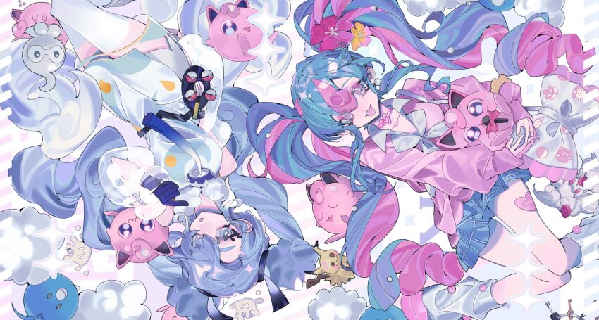 2girls alcremie castform castform_(normal) fairy_miku_(project_voltage) flying_miku_(project_voltage) gen_1_pokemon gen_3_pokemon gen_7_pokemon gen_8_pokemon hatsune_miku highres jigglypuff milcery mimikyu multiple_girls multiple_persona nintendo pokemon pokemon_(creature) project_voltage swablu taowu_(20809) twintails vocaloid