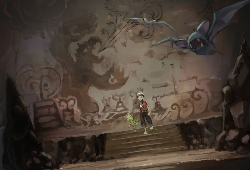 1boy backpack bag beanie black_pants brendan_(pokemon) brown_hair capri_pants cave_interior cave_paintings gen_1_pokemon gen_3_pokemon green_bag hat highres indoors male_focus maumaujanken nintendo pants pokemon pokemon_(creature) pokemon_oras rock shirt shoes short_hair short_sleeves sneakers stairs standing tight_clothes tight_shirt treecko turtleneck walking white_footwear white_headwear zubat