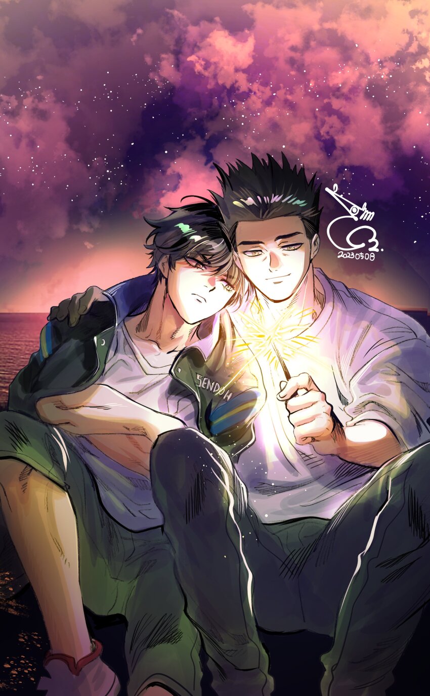 2boys absurdres bae_(baebae) black_eyes black_hair couple crossed_arms feet_out_of_frame fireworks hand_on_another&#039;s_shoulder head_on_another&#039;s_shoulder highres holding holding_fireworks looking_down male_focus multiple_boys rukawa_kaede sendou_akira short_hair side-by-side sitting slam_dunk_(series) smile sparkler spiked_hair yaoi