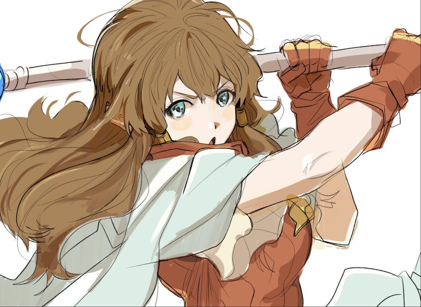 1girl blue_eyes brown_hair fire_emblem fire_emblem:_radiant_dawn gloves hair_ornament hair_tubes highres holding holding_staff long_hair mist_(fire_emblem) mist_(radiant_dawn)_(fire_emblem) nintendo sketch solo staff sutekina_yari upper_body white_background