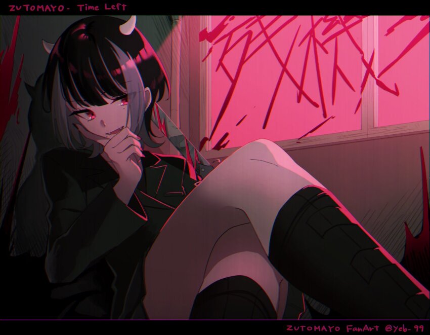 1girl black_footwear black_hair black_jacket boots colored_inner_hair copyright_name crossed_legs demon_horns glowing glowing_eyes hand_on_own_chin horns jacket kaiya multicolored_hair nira-chan nira-chan_(zanki)_(zutomayo) open_mouth purple_hair red_eyes sitting song_name twitter_username two-tone_hair white_horns window zanki_(zutomayo) zutto_mayonaka_de_ii_no_ni