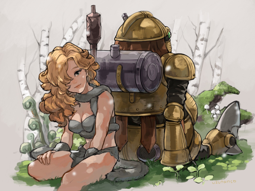1girl 1other arms_behind_back ayla_(chrono_trigger) bare_shoulders blonde_hair breasts cavewoman chrono_trigger cleavage closed_mouth commentary curly_hair facing_away fake_tail from_behind green_eyes hair_over_one_eye hand_warmer highres long_hair looking_at_viewer medium_breasts mushroom outdoors plant robo_(chrono_trigger) robot scarf shiny_skin sitting skirt tail thighs tree uzutanco