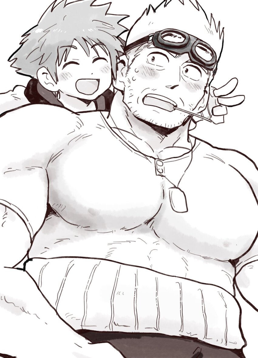 2boys bara beard_stubble blush cid_highwind cosplay dog_tags facial_hair final_fantasy final_fantasy_vii goggles goggles_on_head greyscale highres hoshieda_(hoshinoedao) jewelry kingdom_hearts large_pectorals looking_at_another male_focus monochrome multiple_boys muscular muscular_male necklace one_piece open_mouth pectorals roronoa_zoro roronoa_zoro_(cosplay) shirt short_hair smile sora_(kingdom_hearts) spiked_hair stubble upper_body