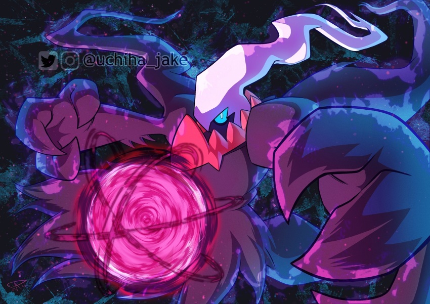 commentary_request darkrai gen_4_pokemon ghost ghost_tail legendary_pokemon looking_at_viewer mythical_pokemon nintendo no_humans pokemon pokemon_(creature) shadow_ball_(pokemon) simple_background solo standing uchiha_jake