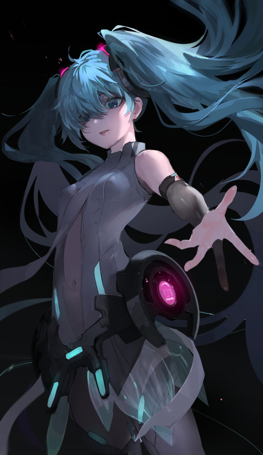 1girl absurdres aqua_eyes aqua_hair black_background breasts commentary cowboy_shot elbow_gloves gloves grey_thighhighs hatsune_miku hatsune_miku_(append) highres hip_gear long_hair looking_at_viewer looking_down navel offering_hand parted_lips reaching reaching_towards_viewer saz8720 shirt sleeveless sleeveless_shirt small_breasts solo standing thighhighs twintails very_long_hair vocaloid vocaloid_append white_shirt