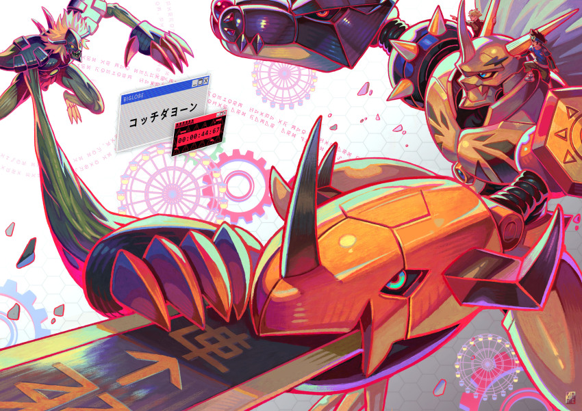absolum_art absurdres arm_blade armor cape diablomon digimoji digimon digimon_(creature) digimon_adventure digimon_adventure:_bokura_no_war_game highres ishida_yamato long_arms mecha multiple_heads omegamon on_shoulder outline red_outline robot shoulder_armor sword translation_request weapon white_cape yagami_taichi
