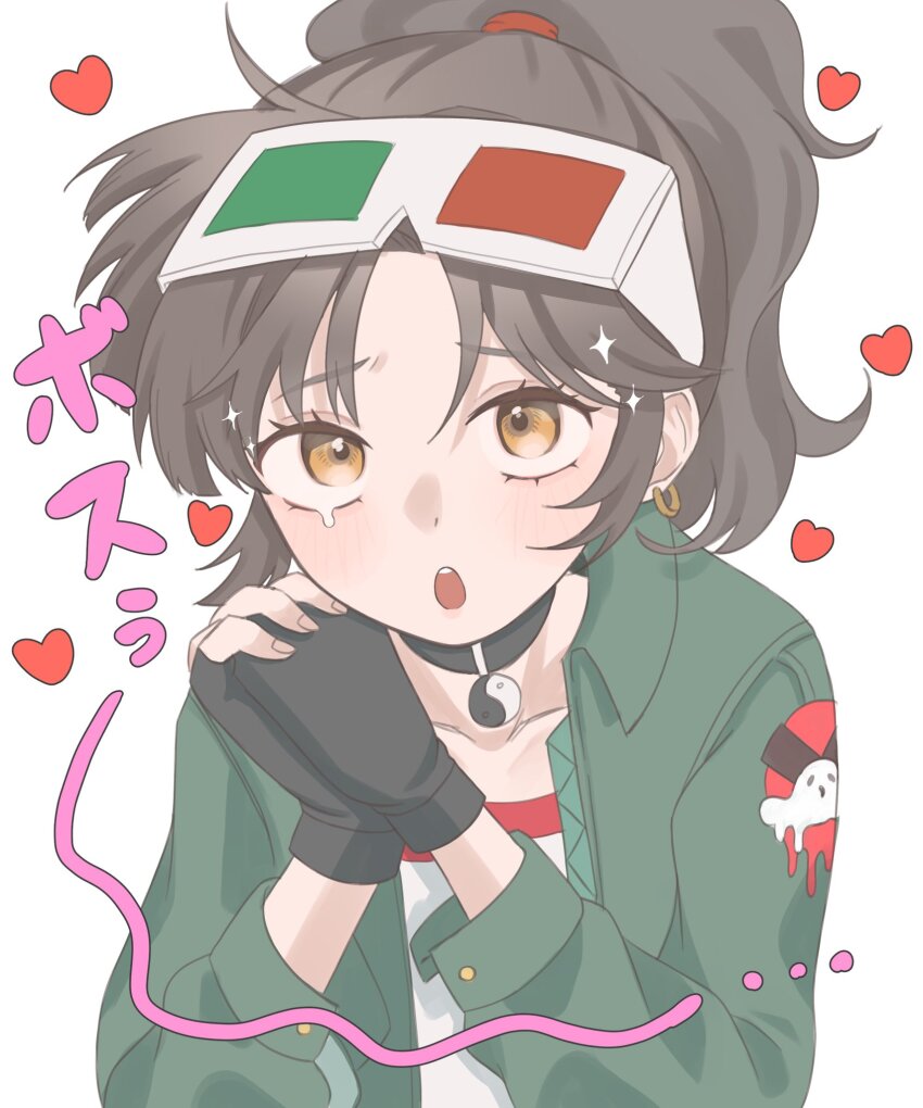 1girl 3d_glasses :o an-an_lee black_choker black_gloves black_hair choker choko_(1839) earrings eyewear_on_head fingerless_gloves furrowed_brow gloves green_jacket hands_up heart highres interlocked_fingers jacket jewelry looking_at_viewer medium_hair own_hands_together ponytail reverse:1999 shirt single_tear solo upper_body white_background white_shirt yellow_eyes yin_yang