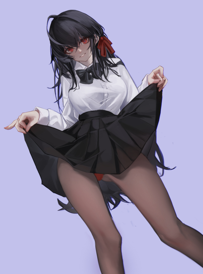 1girl absurdres ahoge azur_lane black_bow black_bowtie black_hair black_skirt bow bowtie breasts brown_pantyhose clothes_lift collared_shirt flashing from_below highres hiro_(9564) huge_ahoge large_breasts lifting_own_clothes long_hair looking_at_viewer miniskirt official_alternate_costume panties pantyhose pleated_skirt purple_background red_eyes red_panties school_uniform shirt simple_background skirt skirt_lift smile solo taihou_(azur_lane) taihou_(sweet_time_after_school)_(azur_lane) underwear very_long_hair white_shirt