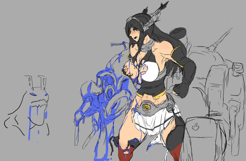 10s 1girl bare_shoulders black_hair breasts crossover damaged elbow_gloves gloves hairband headgear highres kaiju kantai_collection large_breasts legendary_pictures long_hair nagato_(kancolle) otachi pacific_rim red_eyes simple_background torn_clothes usukawa