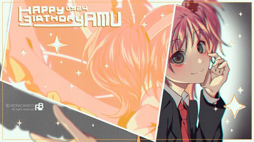 1girl amulet_dia artist_name black_jacket blazer character_name closed_mouth coattails collared_jacket collared_shirt copyright_notice diamond_(shape) english_text eyelashes floating_clothes frilled_shirt frills hair_ornament hairband hand_on_own_cheek hand_on_own_face happy_birthday hinamori_amu idolmaster jacket lapels layered_sleeves light_blush long_hair long_sleeves looking_at_viewer magical_girl monicanc necktie notched_lapels one_side_up outstretched_hand pink_hair red_necktie revealing_layer school_uniform seiyo_academy_school_uniform shadow shirt shugo_chara! smile solo sparkle twintails upper_body v vignetting white_background white_hairband white_shirt x_hair_ornament yellow_eyes