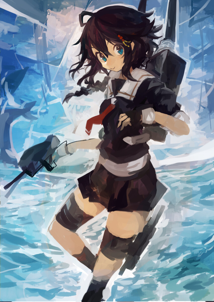 1girl absurdres black_gloves black_hair black_serafuku black_skirt black_socks blue_eyes braid commentary day fingerless_gloves gloves hair_ornament highres holding kaamin_(mariarose753) kantai_collection kneehighs outdoors pleated_skirt rigging sailor_collar school_uniform serafuku shigure_(kancolle) shigure_kai_ni_(kancolle) single_braid skirt socks solo thigh_strap water white_sailor_collar