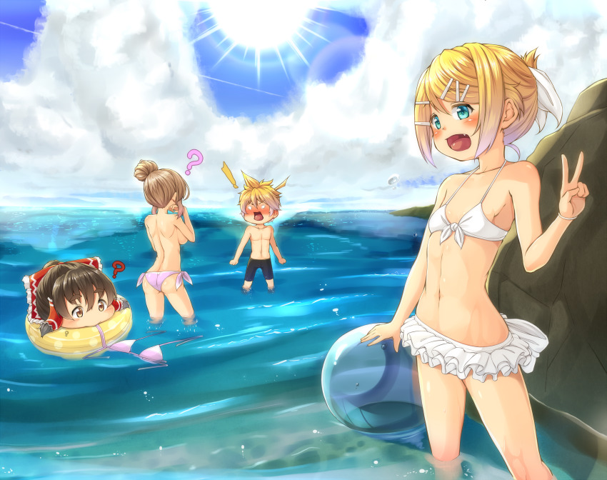 1boy 3girls ? backboob bikini bikini_skirt black_jammers black_male_swimwear blonde_hair blue_eyes blue_sky blush bow breasts brother_and_sister brown_eyes brown_hair cevio cloud commentary_request day fang feet_out_of_frame frilled_bow frilled_hair_tubes frills hair_bow hair_bun hair_ornament hair_tubes hairclip hakurei_reimu highres horizon innertube jammers kagamine_len kagamine_rin kitsunerider large_breasts looking_at_another looking_at_viewer male_swimwear multiple_girls nose_blush ocean open_mouth outdoors pink_bikini red_bow satou_sasara short_hair siblings sky small_breasts smile sun sunlight swept_bangs swim_ring swimsuit touhou twins v vocaloid water white_bikini yukkuri_shiteitte_ne