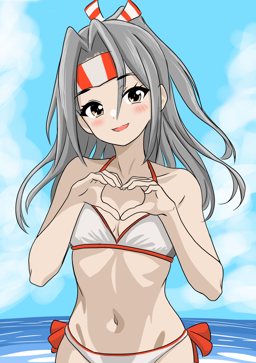 1girl absurdres beach bikini blue_sky bone_namu(namu49850) breasts brown_eyes cloud commentary_request cowboy_shot day grey_hair hair_between_eyes headband heart heart_hands highres horizon kantai_collection long_hair ocean outdoors ponytail side-tie_bikini_bottom sky small_breasts smile solo striped_headband swimsuit white_bikini zuihou_(kancolle)