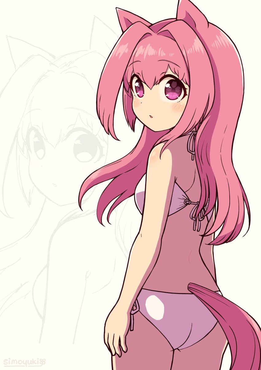 1girl alternate_costume animal_ears ass bikini blush breasts commentary_request flower-shaped_pupils from_behind hair_between_eyes hair_intakes haru_(nakajou-28) highres horse_ears horse_girl horse_tail long_hair looking_at_viewer looking_back parted_lips pink_eyes pink_hair side-tie_bikini_bottom simoyuki simple_background small_breasts solo swimsuit symbol-shaped_pupils tail twitter_username umamusume white_background white_bikini zoom_layer