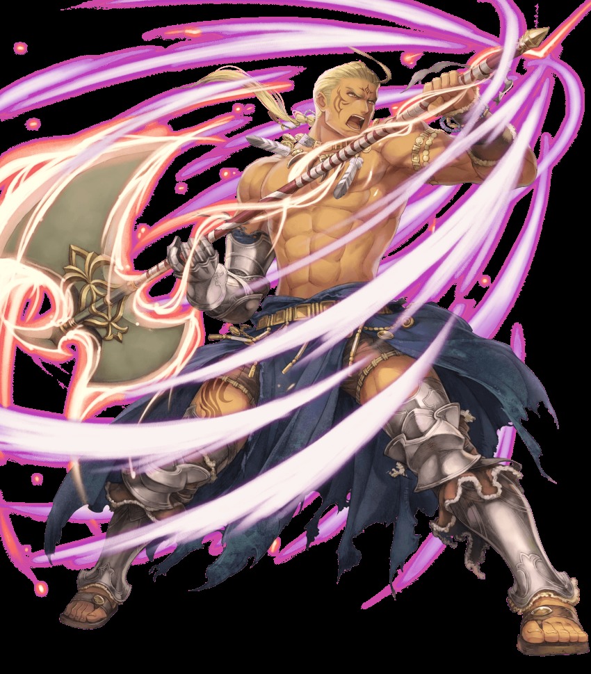 1boy abs ahoge axe blonde_hair bracelet dark_skin dark-skinned_male facial_mark facial_tattoo feathers fire_emblem fire_emblem:_the_blazing_blade fire_emblem_heroes full_body gloves haccan hawkeye_(fire_emblem) highres holding holding_axe huge_weapon jewelry long_hair low_ponytail male_focus manly markings muscular necklace nintendo official_art open_mouth orange_eyes pectorals ponytail sandals serious topless_male solo tattoo teeth toeless_legwear toes transparent_background weapon