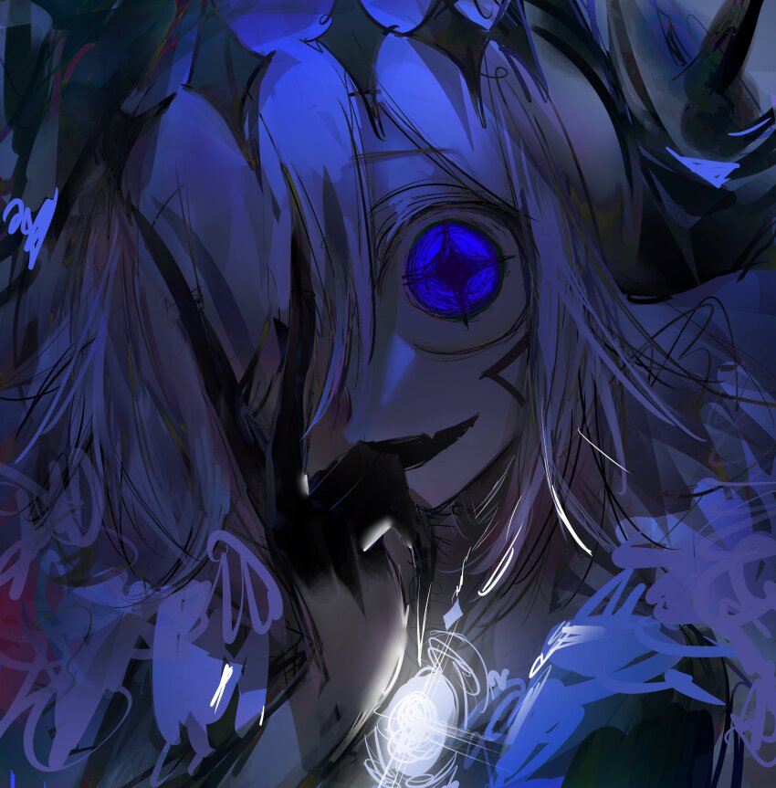 :d absurdres autooohyo blue_eyes blue_hair hair_over_eyes highres looking_at_viewer open_mouth original smile star-shaped_pupils star_(symbol) symbol-shaped_pupils tagme v