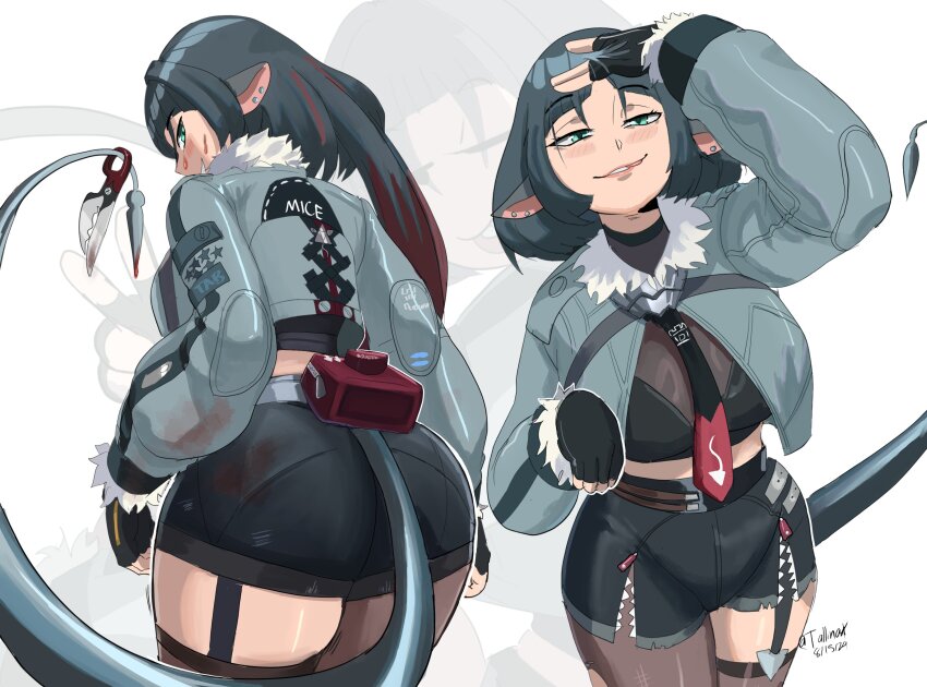 1girl absurdres animal_ears ass black_gloves black_hair blood blood_on_face fingerless_gloves gloves green_eyes highres jacket jane_doe_(zenless_zone_zero) long_hair looking_at_viewer looking_back mouse_ears multicolored_hair pantyhose red_hair shorts simple_background smile smug solo tail tallinax thighhighs tongue tongue_out torn_clothes torn_pantyhose zenless_zone_zero