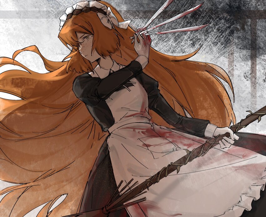 1girl apron blood blood_on_clothes blood_on_face bow broom brown_hairband closed_mouth cowboy_shot freckles frilled_apron frills gloves hair_bow hairband highres holding holding_broom holding_knife humian0101 ishmael_(project_moon) knife limbus_company long_hair maid maid_headdress orange_hair project_moon rope sidelocks solo very_long_hair white_apron white_bow white_gloves
