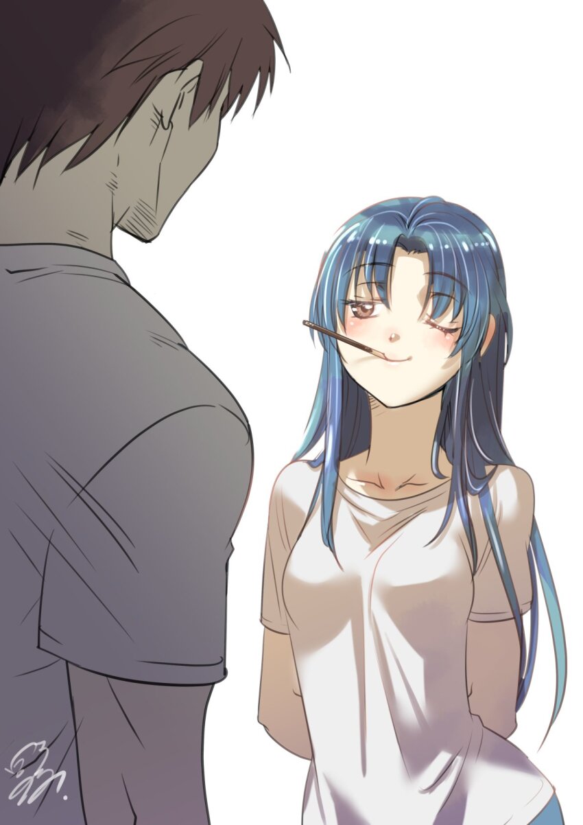 1boy 1girl arms_behind_back blue_hair blush breasts brown_eyes brown_hair chidori_kaname commentary_request couple dark_blue_hair food food_in_mouth full_metal_panic! highres long_hair looking_at_another medium_breasts one_eye_closed pocky pocky_in_mouth sagara_sousuke shikidouji shirt short_hair signature simple_background smug upper_body white_background white_shirt
