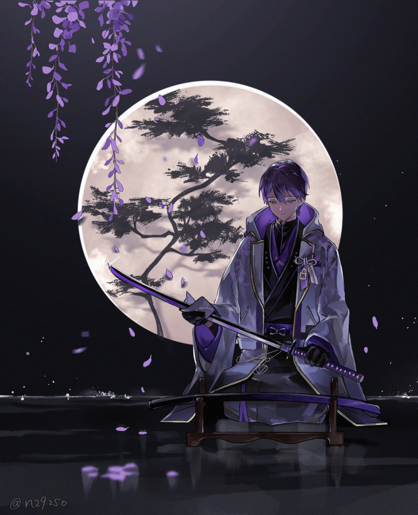 1girl absurdres black_gloves black_kimono closed_mouth coat commentary_request falling_petals flower full_moon gloves highres holding holding_sword holding_weapon japanese_clothes katana kenmochi_touya kenmochi_touya_(10th_costume) kimono male_focus moon nijisanji petals purple_flower purple_hair purple_petals sitting solo sumi_(n29250) sword twitter_username virtual_youtuber weapon white_coat yellow_eyes