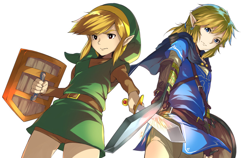 2boys belt black_capelet black_eyes blonde_hair blue_eyes blue_tunic bright_pupils brown_belt brown_gloves brown_pants brown_shorts brown_sleeves capelet champion&#039;s_tunic_(zelda) closed_mouth commentary_request dual_persona earrings fingerless_gloves gloves green_hat green_tunic hair_tie hat holding holding_shield holding_sword holding_weapon in-franchise_crossover jewelry layered_sleeves left-handed link long_sleeves male_focus multiple_boys nintendo pants pointy_ears ponytail shield short_over_long_sleeves short_ponytail short_sleeves shorts sidelocks simple_background sparks sword the_legend_of_zelda the_legend_of_zelda:_breath_of_the_wild the_legend_of_zelda_(nes) transparent_background tunic weapon white_pupils yuuki_shin