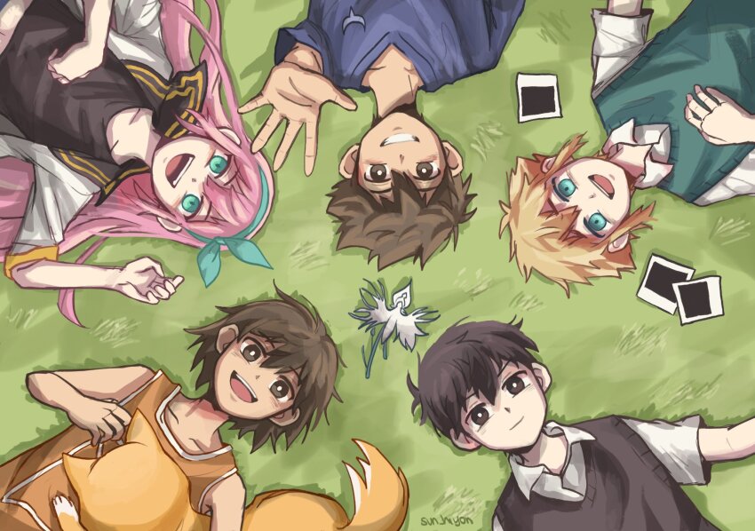 1girl 4boys arm_up artist_name aubrey_(faraway)_(omori) aubrey_(omori) basil_(faraway)_(omori) basil_(omori) black_eyes black_hair blonde_hair blue_eyes blue_hairband blue_sweater bright_pupils brown_eyes brown_hair closed_mouth collarbone collared_shirt dark-skinned_male dark_skin dog egret_orchid flower grass green_sweater_vest grin hairband hector_(omori) hero_(faraway)_(omori) hero_(omori) highres hiyon_(sun_hiyon) jacket kel_(faraway)_(omori) kel_(omori) long_hair long_sleeves lying multiple_boys omori on_back on_grass open_mouth parted_lips photo_(object) pink_hair shirt short_hair short_sleeves smile sweater sweater_vest teeth upper_teeth_only white_jacket white_pupils white_shirt
