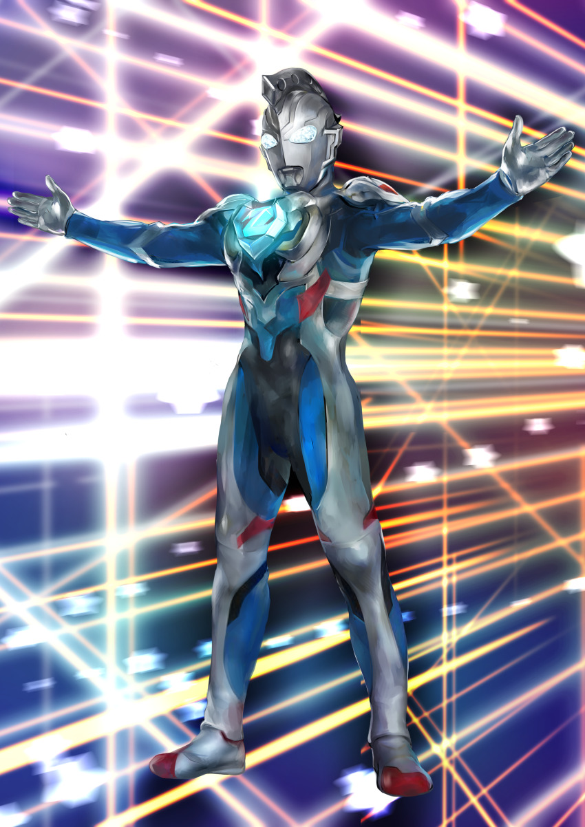 1boy absurdres alien floating glowing glowing_eyes highres looking_ahead male_focus omotyazukiyasan outstretched_arms t-pose tokusatsu ultra_series ultraman_z ultraman_z_(original) ultraman_z_(series) white_eyes