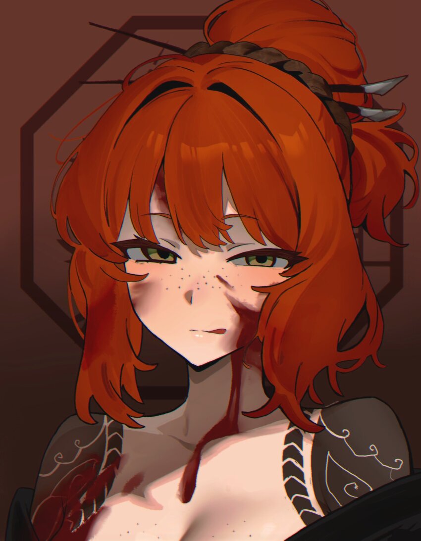 bare_shoulders blood blood_in_hair blood_on_arm blood_on_breasts blood_on_chest blood_on_face blood_on_neck breasts brown_background cleavage freckles hair_bun highres ishmael_(project_moon) kurokumo_clan_(identity)_(project_moon) licking_lips limbus_company orange_hair past_desiderium project_moon shoulder_tattoo tattoo tongue tongue_out