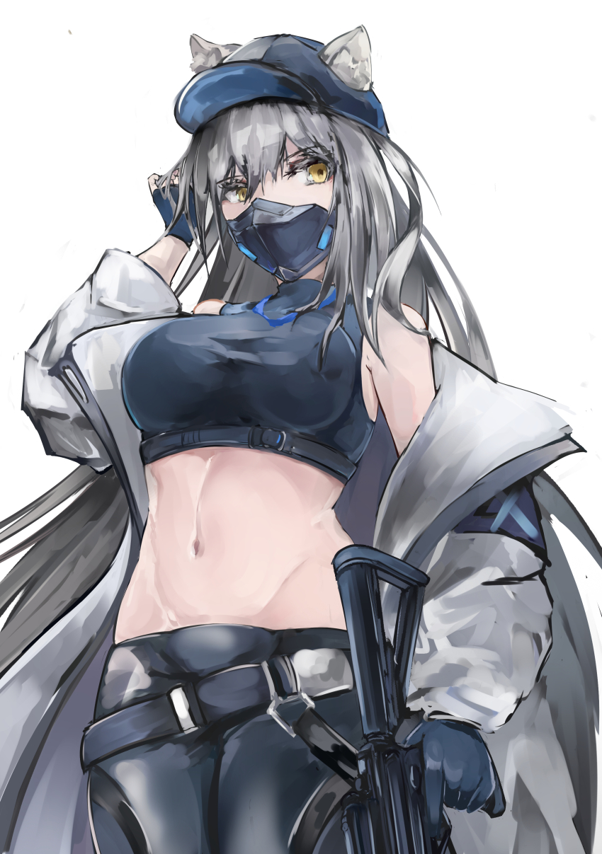 1girl absurdres animal_ears arknights bare_shoulders baseball_cap belt blue_archive blue_gloves blue_hat blue_pants blue_shirt breasts cat_ears coat commentary_request cosplay cowboy_shot crop_top ears_through_headwear fingerless_gloves gloves grey_coat grey_hair gun hat highres holding holding_gun holding_weapon kisumun large_breasts leggings long_hair long_sleeves looking_at_viewer mask midriff mouth_mask navel off_shoulder open_clothes open_coat pants saori_(blue_archive) saori_(blue_archive)_(cosplay) schwarz_(arknights) shirt simple_background sleeveless sleeveless_shirt solo standing stomach thighs weapon white_background yellow_eyes