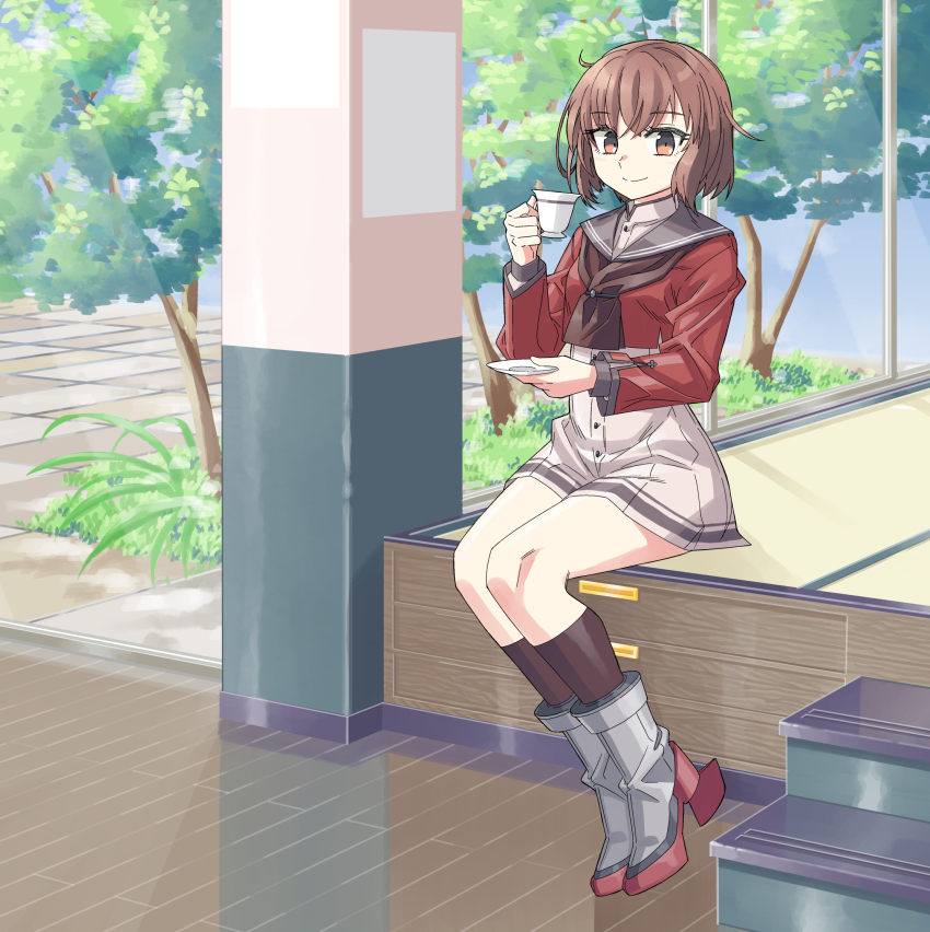 1girl boots breasts brown_eyes brown_hair brown_neckerchief brown_socks cup dress grey_sailor_collar highres holding holding_cup holding_plate kantai_collection kazh_(kazu) kneehighs long_sleeves neckerchief plate red_shirt rudder_footwear sailor_collar sailor_dress sailor_shirt shirt short_hair sitting small_breasts smile socks solo tan_yang_(kancolle) white_dress yukikaze_(kancolle)