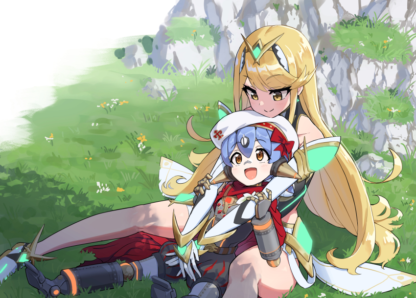 2girls highres jowan&#039;nu multiple_girls mythra_(xenoblade) poppi_(xenoblade) poppi_alpha_(xenoblade) robot_girl xenoblade_chronicles_(series) xenoblade_chronicles_2