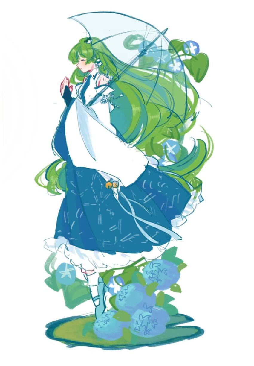 1girl bare_shoulders bell blue_skirt blush bridal_gauntlets closed_eyes closed_mouth collared_shirt detached_sleeves flower frilled_skirt frills frog_hair_ornament from_side full_body green_hair hair_ornament hair_tubes highres hydrangea jingle_bell kochiya_sanae lily_pad loafers long_hair long_sleeves own_hands_together patterned_clothing petticoat print_skirt sagasaga shirt shoes simple_background single_hair_tube single_sidelock skirt skirt_set sleeve_ribbon sleeveless sleeveless_shirt snake_hair_ornament socks solo touhou transparent transparent_umbrella umbrella very_long_hair white_background white_socks wide_sleeves wing_collar